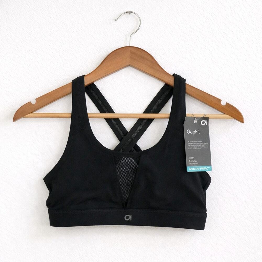 GapFit Sports Bra XS Black Criss Cross Back Medium Impact Mesh Panel NWT